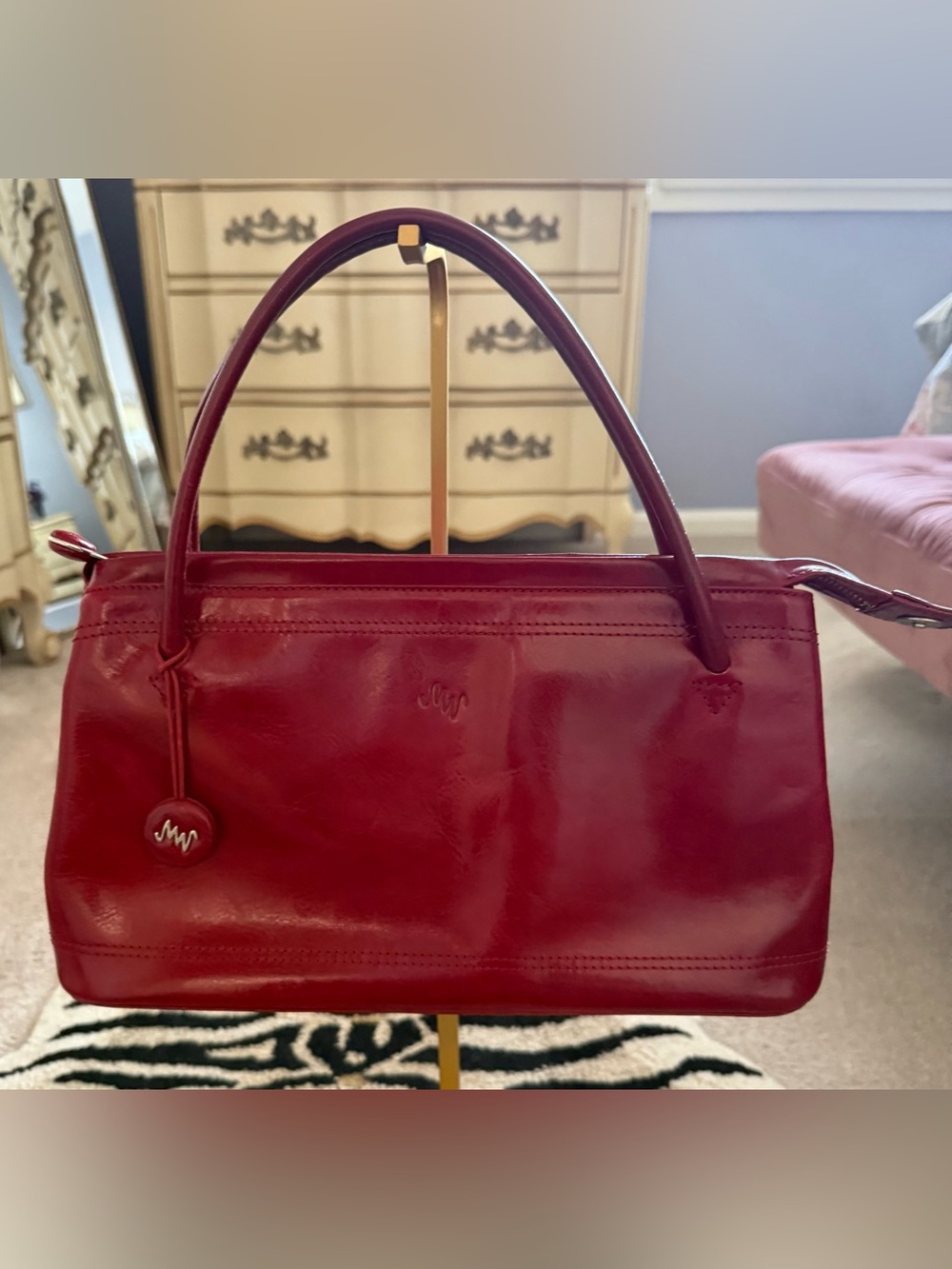 Monsac Red Glossy Leather Shoulder Bag Handbag with Charm